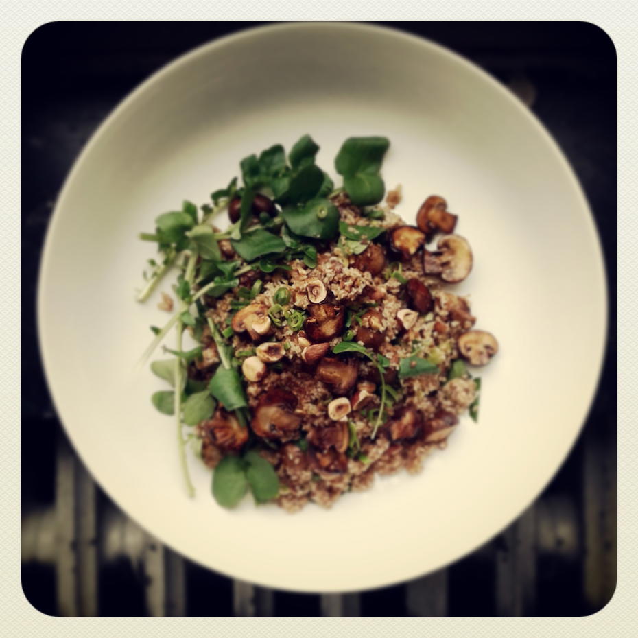 Photo d'un plat de Taboulé d'épeautre, champignons, noisettes et cresson